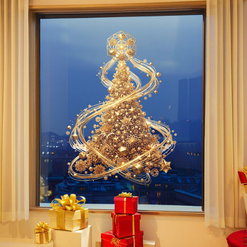 Golden Xmas Tree Window Cling  - Snowflake Window Decal ulasan dan harga